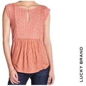 Lucky Brand Pink/Peach Flowy Embroidered Top, Size Large